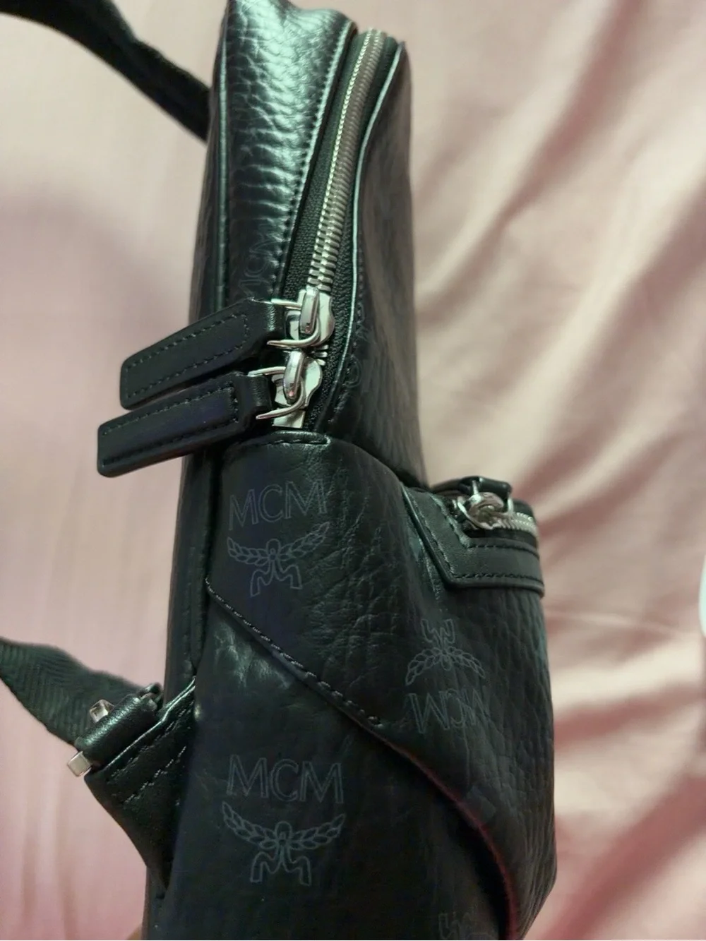 MCM Black Monogram Leather Sling Backpack